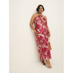 NWT Reformation Yesenia Silk Dress Dahlia Red Floral Satin‎ Halter Chain XL